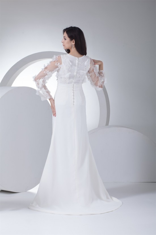 Sheath/Column Chiffon Satin Lace Long Sleeve Front Split Wedding Dresses 2030318