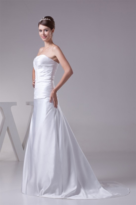 A-Line Strapless Sleeveless Satin Lace Wedding Dresses 2030338