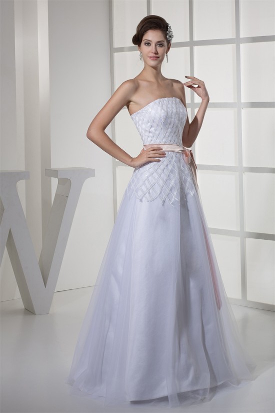A-Line Strapless Sleeveless Satin Fine Netting Wedding Dresses 2030353