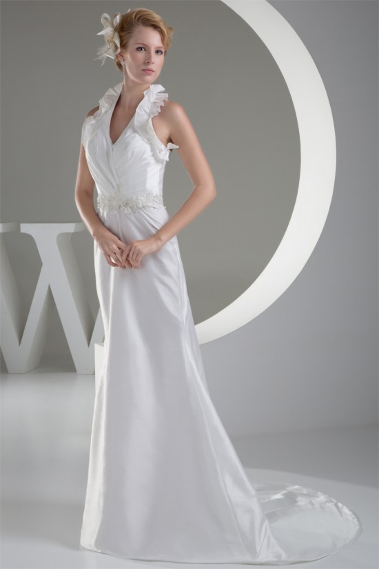 Sleeveless Halter Lace Taffeta Sheath/Column Sweet Wedding Dresses 2030367 Sleeveless Halter Lace Taffeta Sheath/Column Sweet Wedding Dresses 2030367