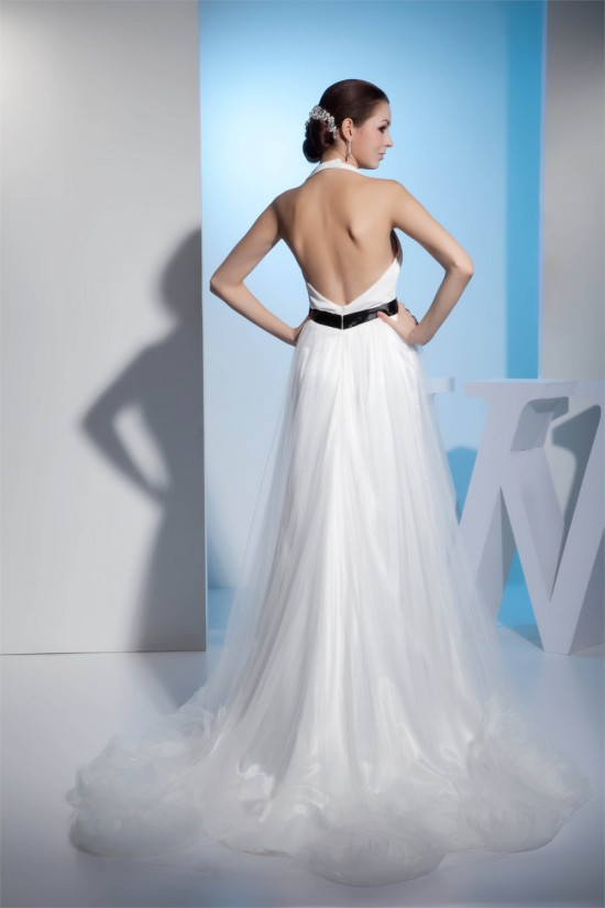 Sleeveless Halter Silk like Satin Fine Netting Best Wedding Dresses 2030370