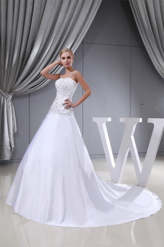 Sleeveless Satin Fine Netting Spaghetti Straps Beaded Wedding Dresses 2030386