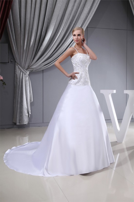 Sleeveless Satin Fine Netting Spaghetti Straps Beaded Wedding Dresses 2030386