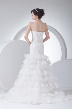 Trumpet/Mermaid Sleeveless Satin Lace Fine Netting Strapless Wedding Dresses 2030388