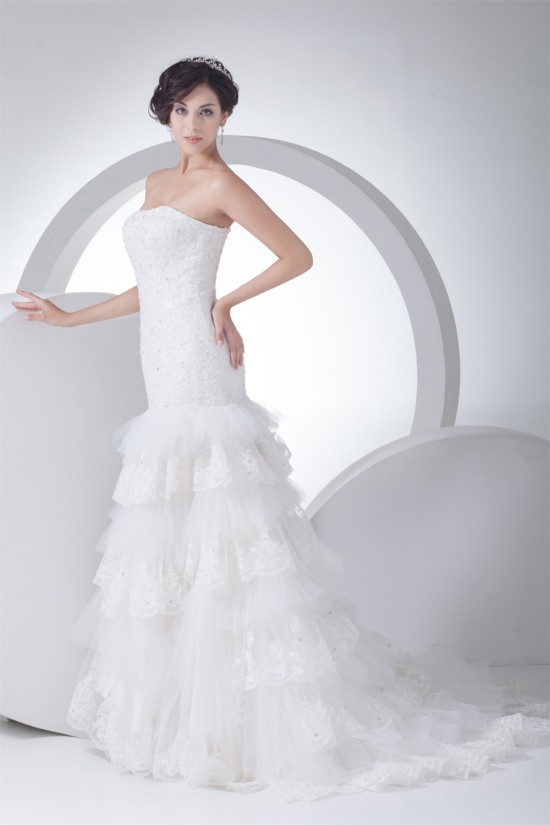 Trumpet/Mermaid Sleeveless Satin Lace Fine Netting Strapless Wedding Dresses 2030388 Trumpet/Mermaid Sleeveless Satin Lace Fine Netting Strapless Wedding Dresses 2030388