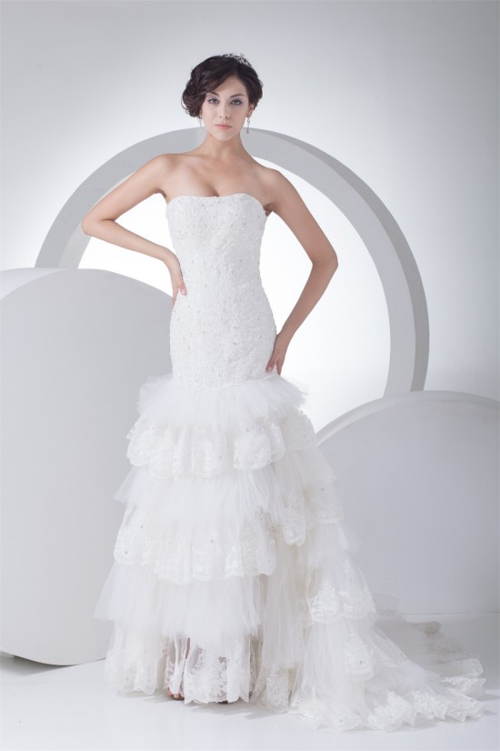 Trumpet/Mermaid Sleeveless Satin Lace Fine Netting Strapless Wedding Dresses 2030388 Trumpet/Mermaid Sleeveless Satin Lace Fine Netting Strapless Wedding Dresses 2030388