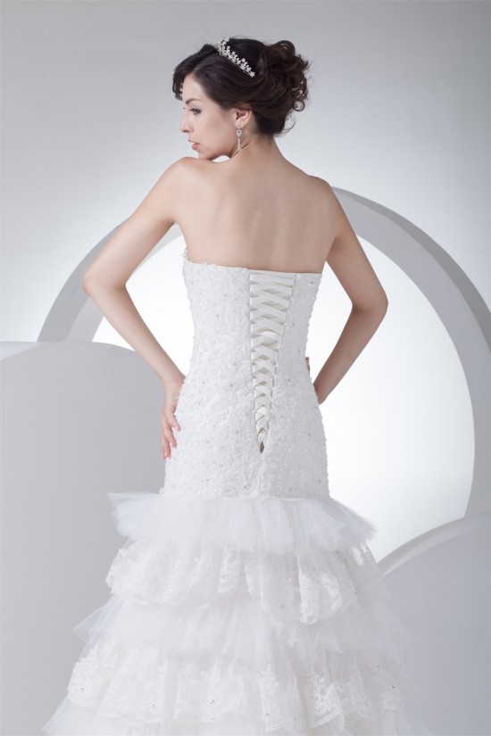 Trumpet/Mermaid Sleeveless Satin Lace Fine Netting Strapless Wedding Dresses 2030388 Trumpet/Mermaid Sleeveless Satin Lace Fine Netting Strapless Wedding Dresses 2030388