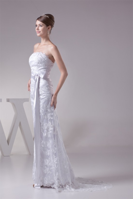 Sleeveless Sheath/Column Square Lace Silk like Satin Wedding Dresses 2030402