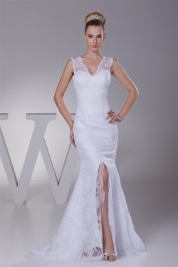 Mermaid/Trumpet V-Neck Sleeveless Satin Lace Best Wedding Dresses 2030510
