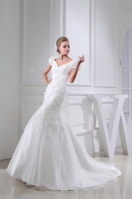 V-Neck Mermaid/Trumpet Sleeveless Satin Lace Organza Wedding Dresses 2030511 V-Neck Mermaid/Trumpet Sleeveless Satin Lace Organza Wedding Dresses 2030511