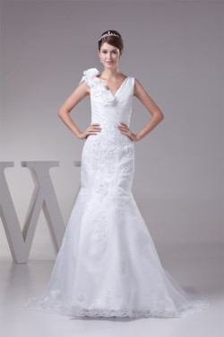 Wonderful Lace Organza Taffeta Mermaid/Trumpet Lace V-Neck Wedding Dresses 2030519