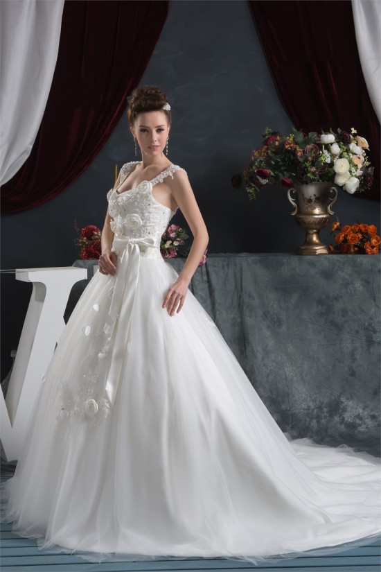 A-Line Straps Sleeveless Satin Lace Fine Netting Wedding Dresses 2030560