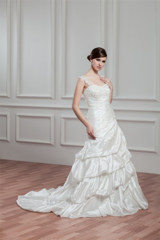 Amazing A-Line Sleeveless Illusion Sleeves Taffeta Lace Wedding Dresses 2030571