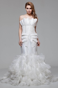 Charming Strapless Satin Organza Mermaid/Trumpet Beaded Wedding Dresses 2030652