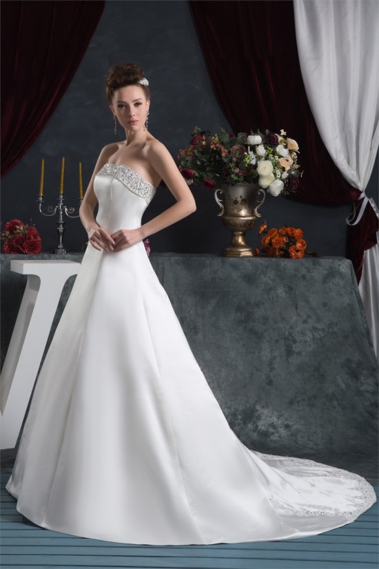 Elegant Satin Strapless A-Line Sleeveless Beaded Wedding Dresses 2030667 Elegant Satin Strapless A-Line Sleeveless Beaded Wedding Dresses 2030667