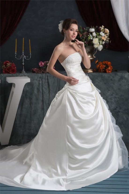 Elegant Strapless A-Line Satin Sleeveless Lace Wedding Dresses 2030675