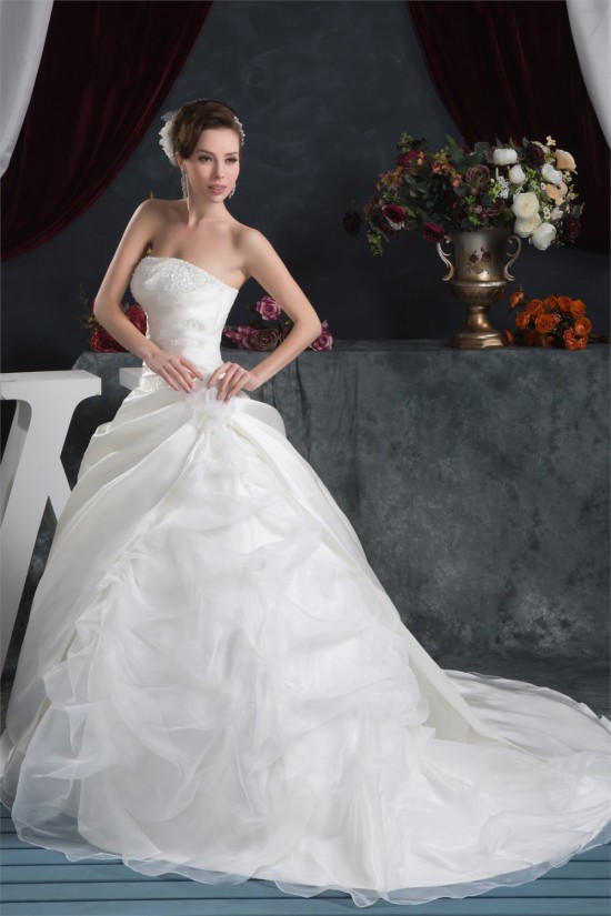 Elegant Strapless A-Line Satin Sleeveless Lace Wedding Dresses 2030675
