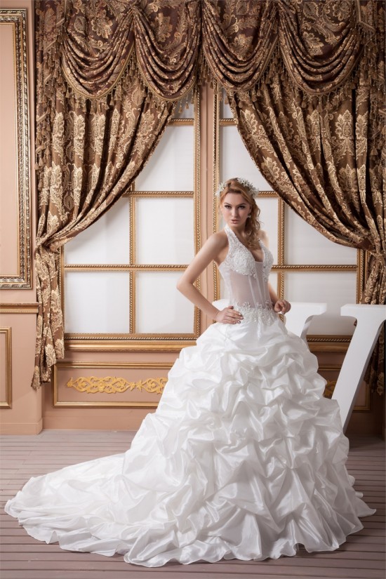 Ball Gown Halter Sleeveless Satin Tulle Lace Wedding Dresses 2030741