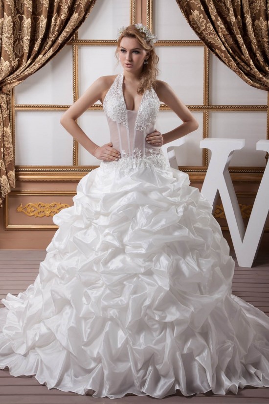 Ball Gown Halter Sleeveless Satin Tulle Lace Wedding Dresses 2030741
