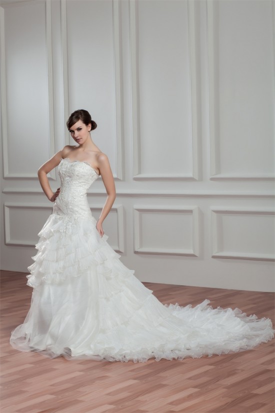 A-Line Satin Organza Sweetheart Chapel Train Lace Wedding Dresses 2030753 A-Line Satin Organza Sweetheart Chapel Train Lace Wedding Dresses 2030753