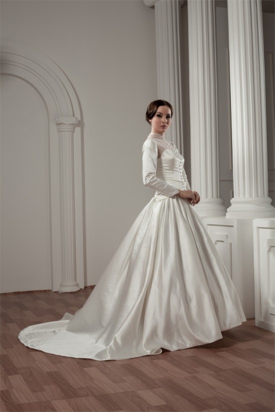 Long Sleeve Satin Fine Netting A-Line Portrait High Neck Wedding Dresses 2030766 Long Sleeve Satin Fine Netting A-Line Portrait High Neck Wedding Dresses 2030766