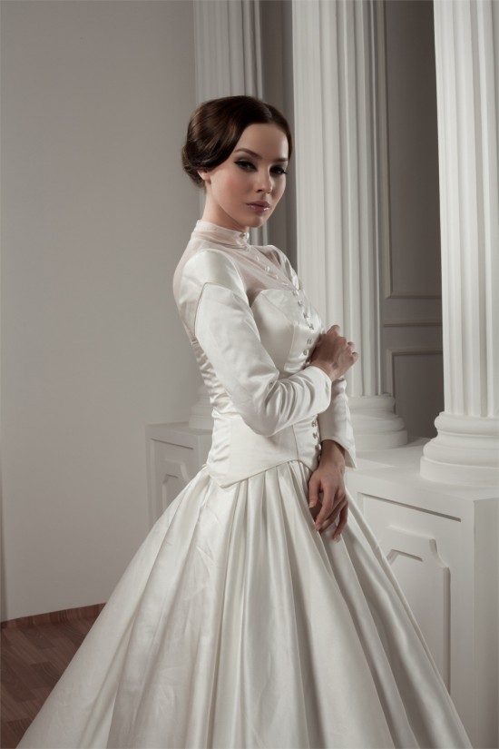 Long Sleeve Satin Fine Netting A-Line Portrait High Neck Wedding Dresses 2030766 Long Sleeve Satin Fine Netting A-Line Portrait High Neck Wedding Dresses 2030766