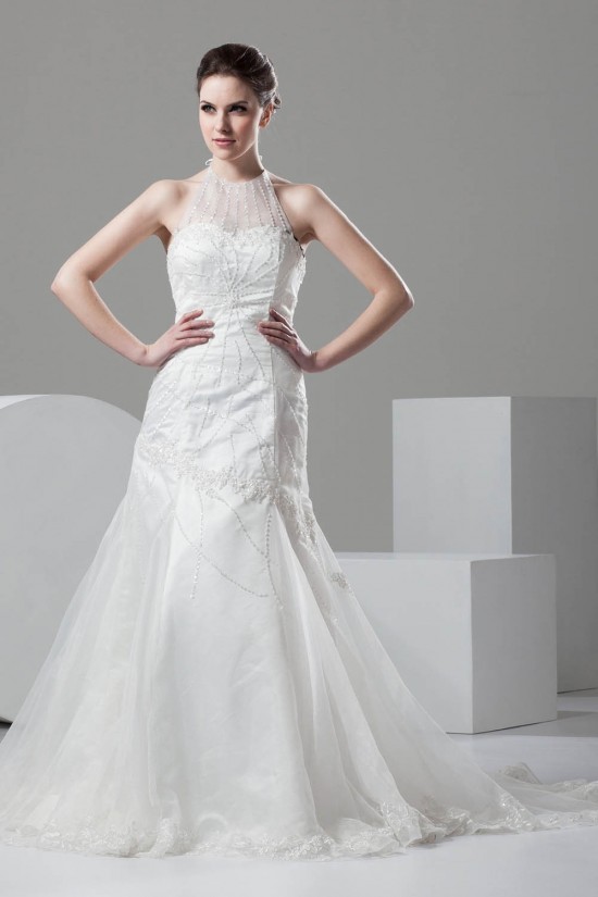 Mermaid/Trumpet Halter Sleeveless Satin Organza Wedding Dresses 2030769 Mermaid/Trumpet Halter Sleeveless Satin Organza Wedding Dresses 2030769
