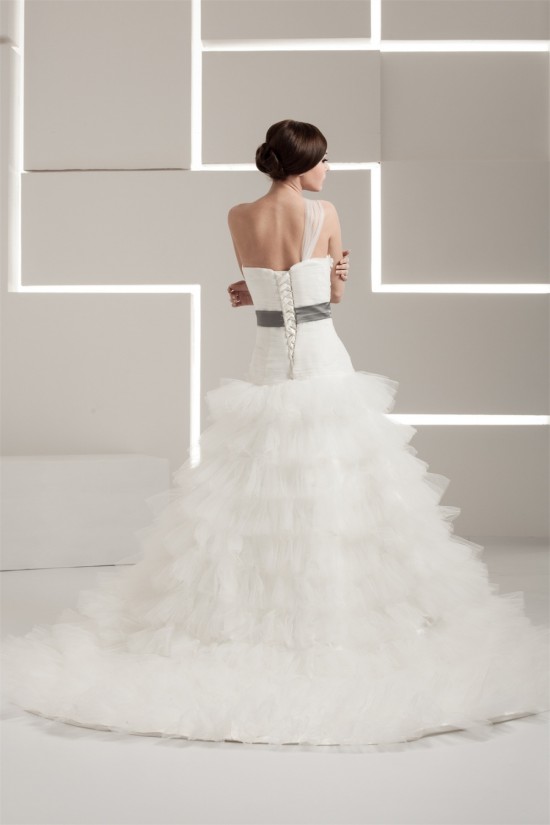 One-Shoulder A-Line Sleeveless Satin Taffeta Fine Netting Wedding Dresses 2030813 One-Shoulder A-Line Sleeveless Satin Taffeta Fine Netting Wedding Dresses 2030813
