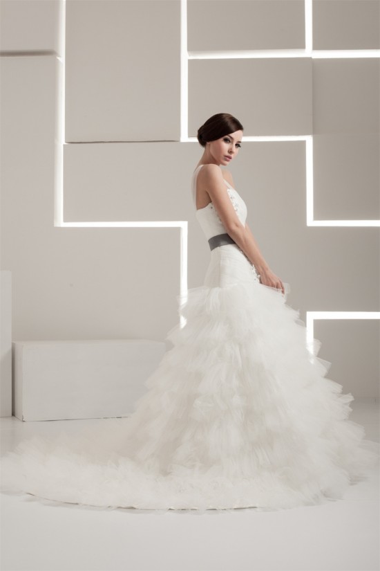 One-Shoulder A-Line Sleeveless Satin Taffeta Fine Netting Wedding Dresses 2030813 One-Shoulder A-Line Sleeveless Satin Taffeta Fine Netting Wedding Dresses 2030813