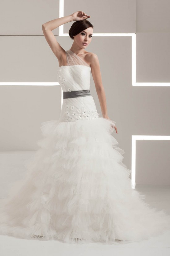 One-Shoulder A-Line Sleeveless Satin Taffeta Fine Netting Wedding Dresses 2030813 One-Shoulder A-Line Sleeveless Satin Taffeta Fine Netting Wedding Dresses 2030813