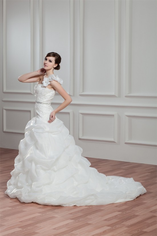 A-Line Satin Organza One-Shoulder Sleeveless Beaded Wedding Dresses 2030815 A-Line Satin Organza One-Shoulder Sleeveless Beaded Wedding Dresses 2030815