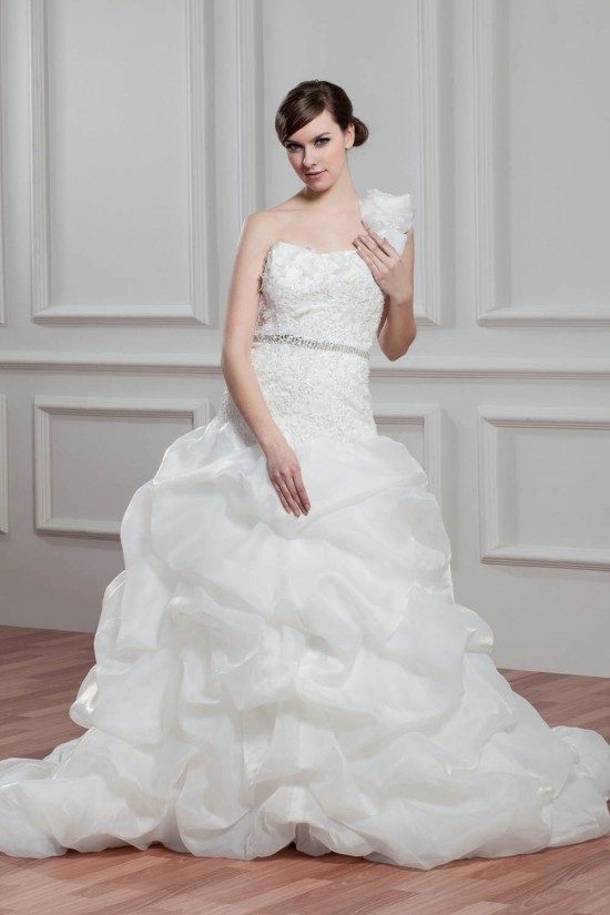 A-Line Satin Organza One-Shoulder Sleeveless Beaded Wedding Dresses 2030815 A-Line Satin Organza One-Shoulder Sleeveless Beaded Wedding Dresses 2030815