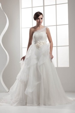 One-Shoulder Sleeveless Satin A-Line Lace Wedding Dresses 2030817