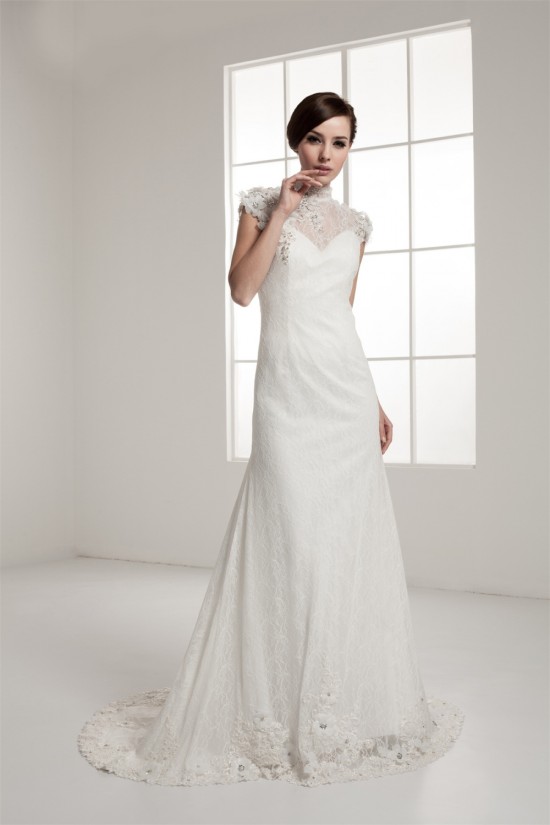 Portrait Sleeveless A-Line Lace Silk like Satin Fine Netting New Arrival Wedding Dresses 2030823