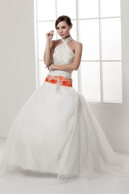 Satin Elastic Woven Satin Sleeveless High-Neck Wedding Dresses 2030834