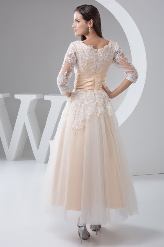 A-Line Satin Lace 3/4 Length Sleeve V-Neck Lace Reception Wedding Dresses 2030848