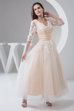 A-Line Satin Lace 3/4 Length Sleeve V-Neck Lace Reception Wedding Dresses 2030848