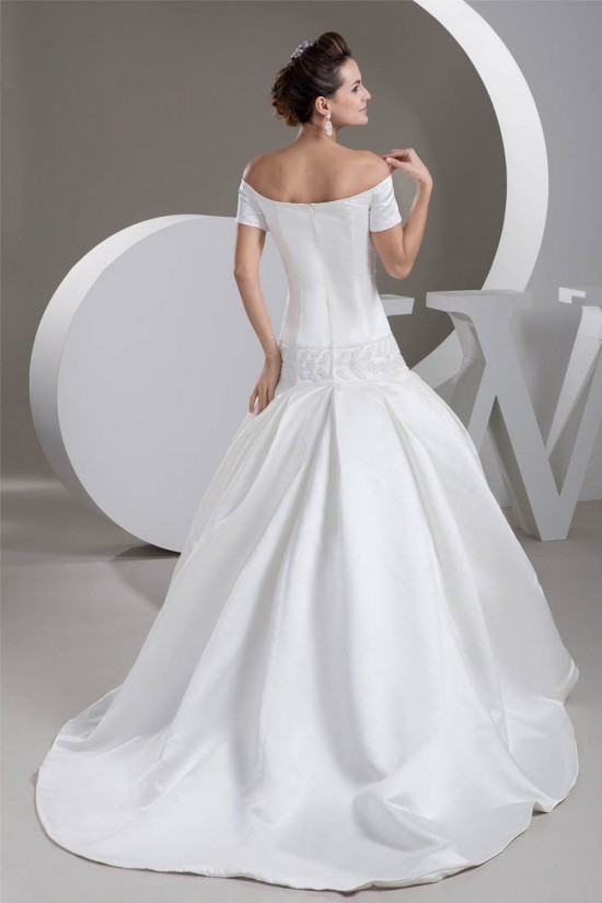 Satin Square Sleeveless A-Line Beaded Off-the-Shoulder Wedding Dresses 2030853 Satin Square Sleeveless A-Line Beaded Off-the-Shoulder Wedding Dresses 2030853