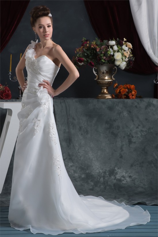 Sheath/Column One-Shoulder Satin Organza Beautiful Beaded Lace Wedding Dresses 2030872 Sheath/Column One-Shoulder Satin Organza Beautiful Beaded Lace Wedding Dresses 2030872