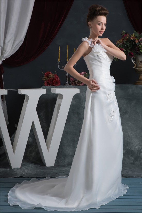 Sheath/Column One-Shoulder Satin Organza Beautiful Beaded Lace Wedding Dresses 2030872 Sheath/Column One-Shoulder Satin Organza Beautiful Beaded Lace Wedding Dresses 2030872