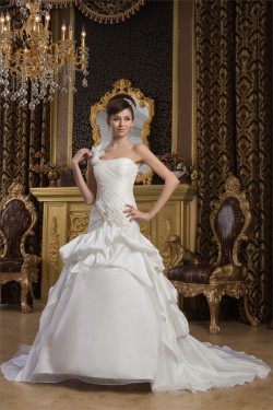 Satin Taffeta Sleeveless A-Line One-Shoulder Sweet Wedding Dresses 2030888