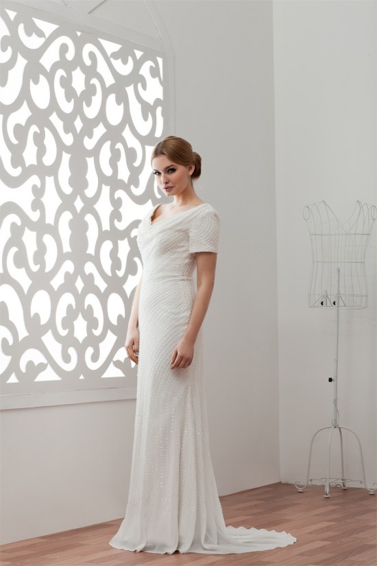 Short Sleeves Sheath/Column V-Neck Beaded Sequins Wedding Dresses 2030903 Short Sleeves Sheath/Column V-Neck Beaded Sequins Wedding Dresses 2030903