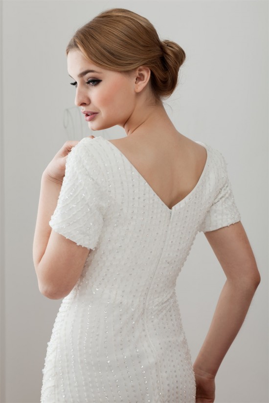 Short Sleeves Sheath/Column V-Neck Beaded Sequins Wedding Dresses 2030903 Short Sleeves Sheath/Column V-Neck Beaded Sequins Wedding Dresses 2030903