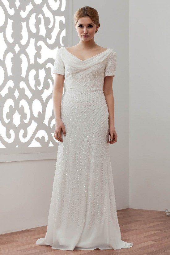 Short Sleeves Sheath/Column V-Neck Beaded Sequins Wedding Dresses 2030903 Short Sleeves Sheath/Column V-Neck Beaded Sequins Wedding Dresses 2030903