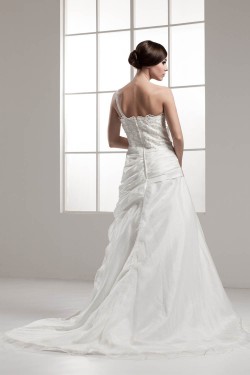 A-Line One-Shoulder Sleeveless Satin Taffeta Lace Wedding Dresses 2030906