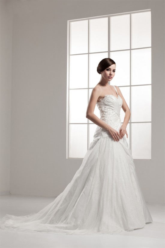 A-Line One-Shoulder Sleeveless Satin Taffeta Lace Wedding Dresses 2030906