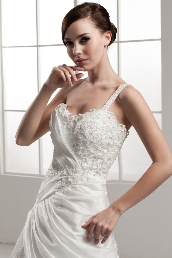 A-Line One-Shoulder Sleeveless Satin Taffeta Lace Wedding Dresses 2030906