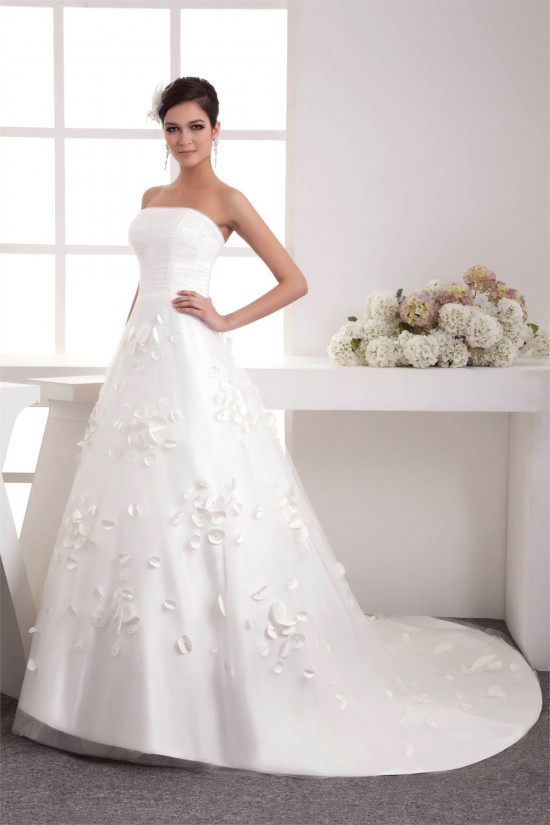A-Line Strapless Satin Netting Wedding Dresses 2030910