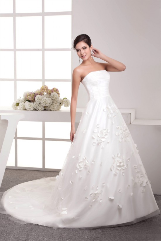 A-Line Strapless Satin Netting Wedding Dresses 2030910