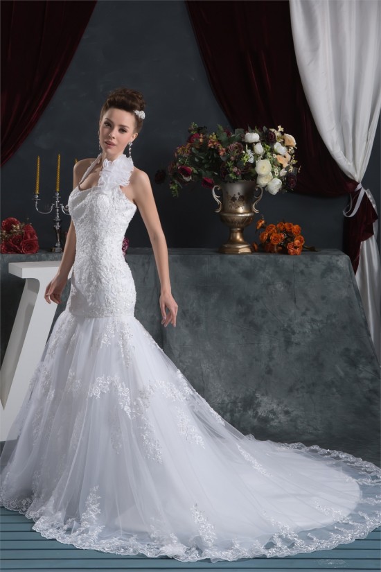 Sleeveless Halter Mermaid/Trumpet Satin Organza Lace Wedding Dresses 2030923 Sleeveless Halter Mermaid/Trumpet Satin Organza Lace Wedding Dresses 2030923
